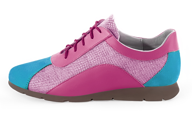 Turquoise blue and carnation pink women's open back shoes. Round toe. Flat rubber soles. Profile view - Florence KOOIJMAN